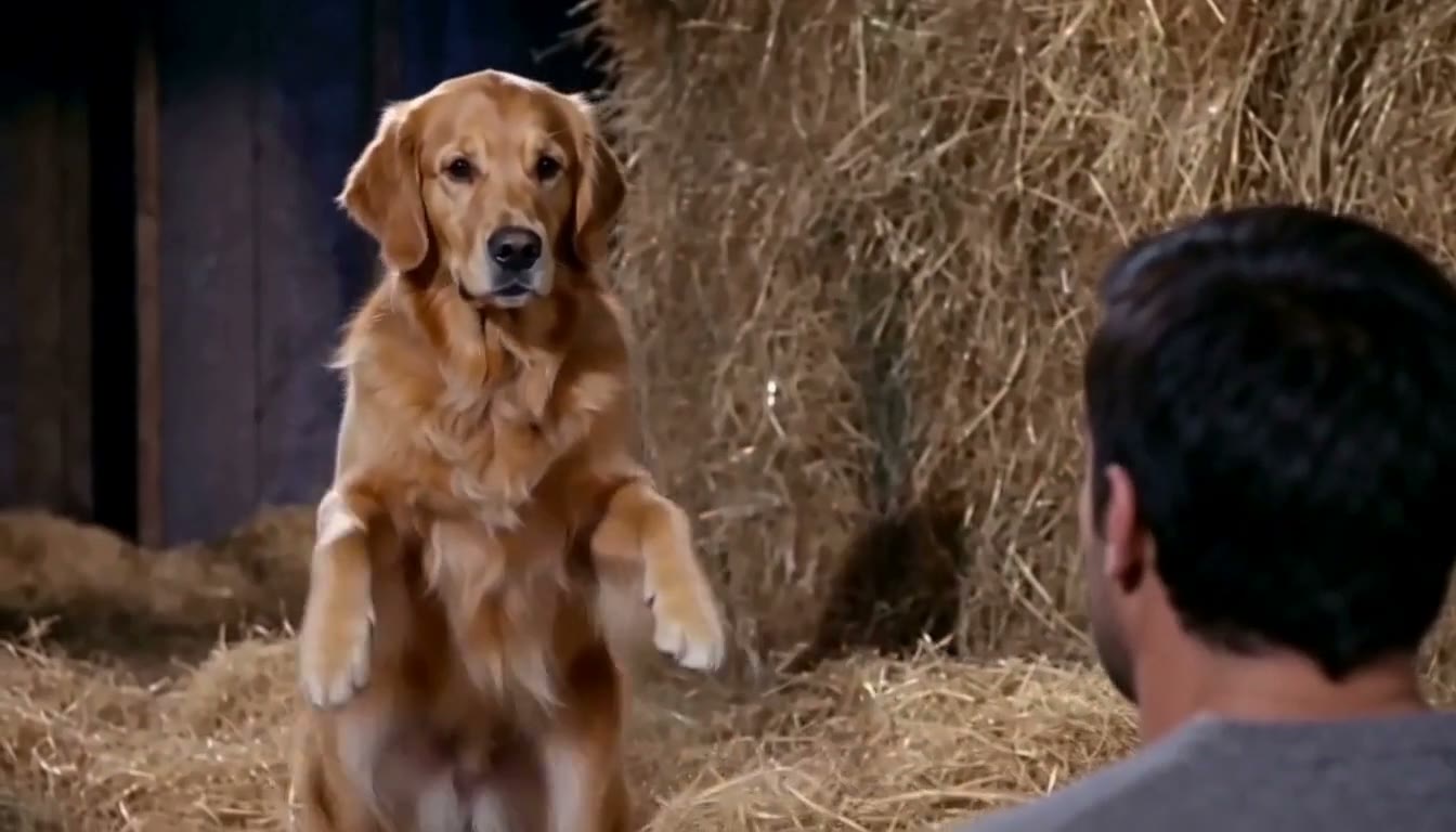 A frame from the generated video: the golden retriever upright on two legs, mid-tiptoe, dancing in the straw while the man watches in shock