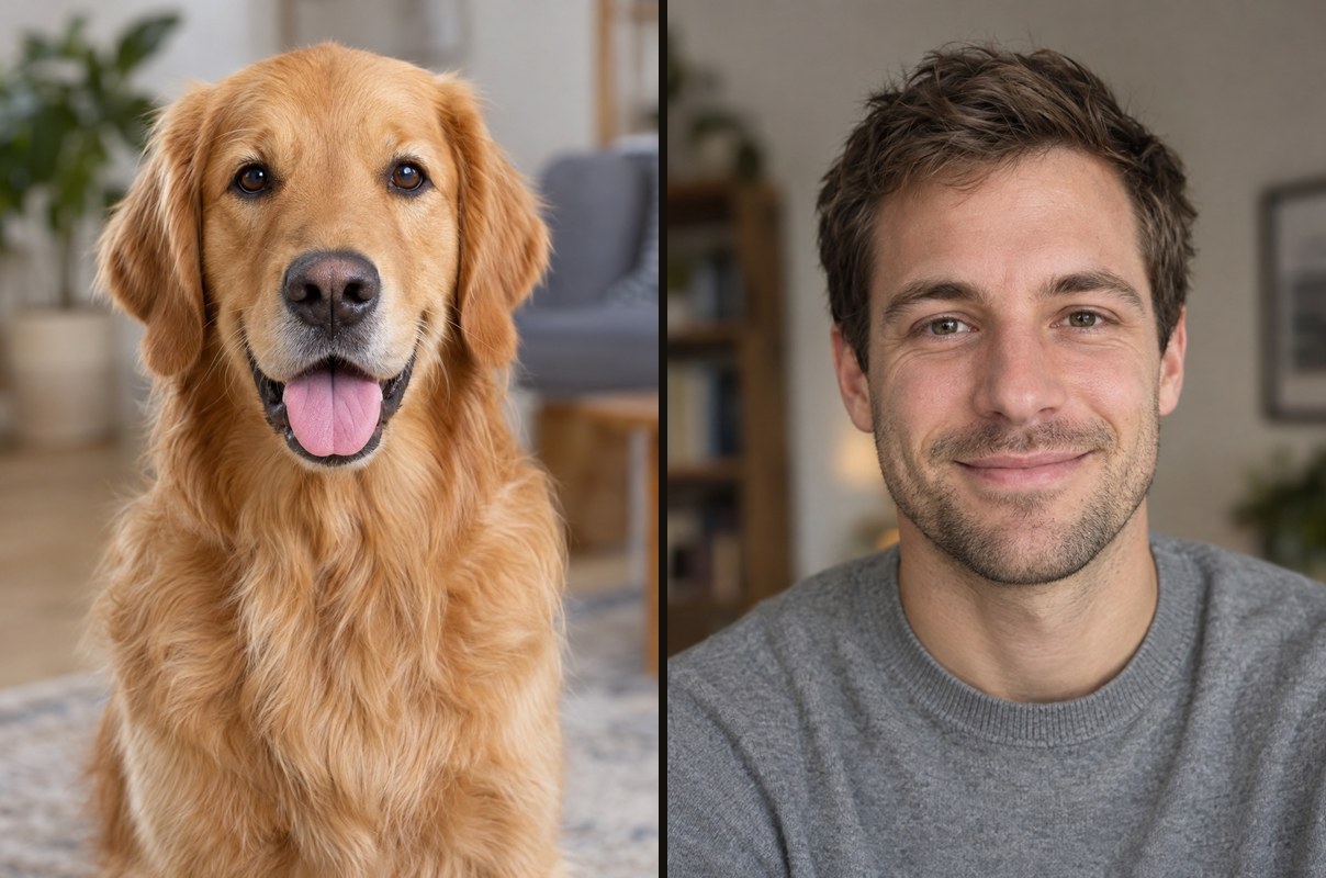 The two source photos: a golden retriever facing the camera on the left, and a man in a gray sweater on the right